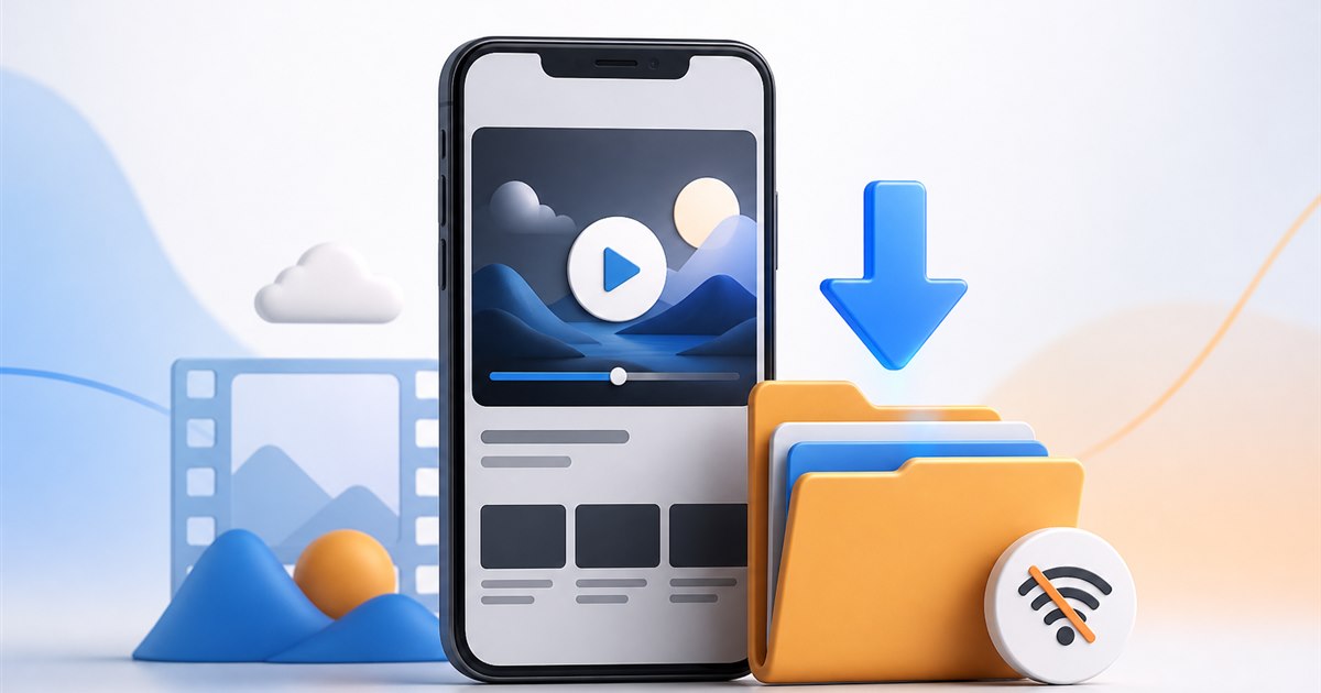 Phone, download arrow, and folder illustrating offline video organization